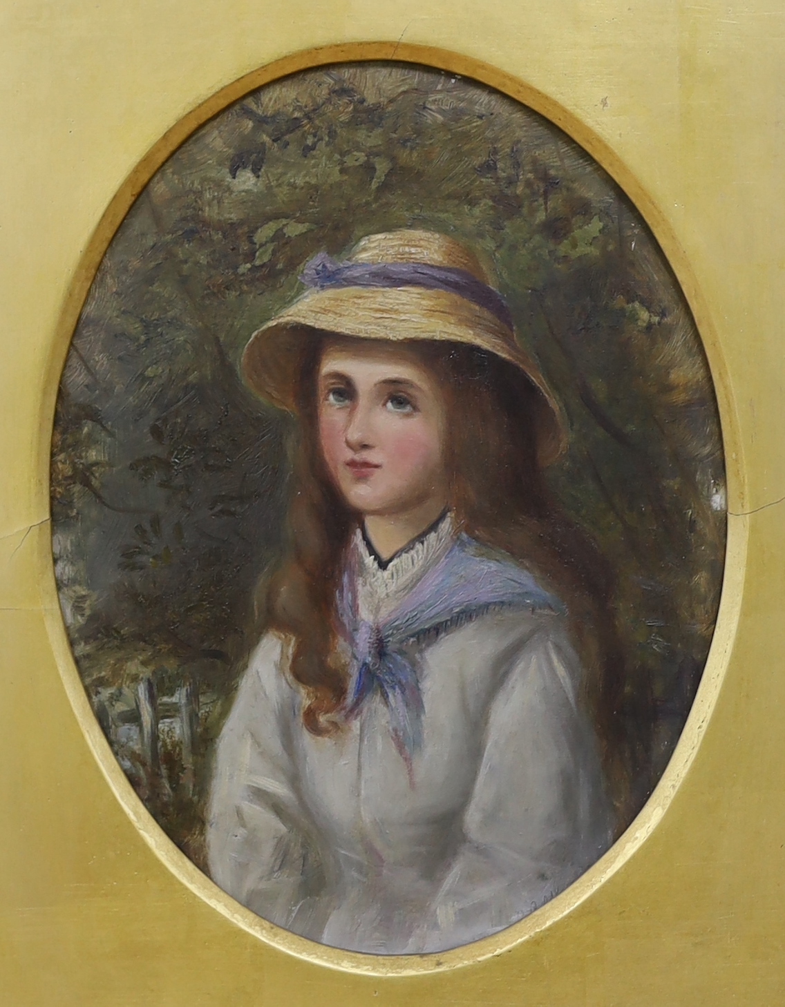 Early 20th century English School, oil on board, Half length portrait of a young lady wearing a bonnet, indistinctly signed, oval, 20 x 15cm, ornate gilt frame